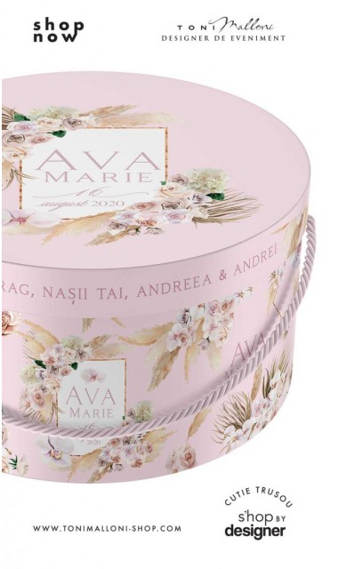 Cutie de botez trusou rotunda design pampass grass in gold alb si roz 3